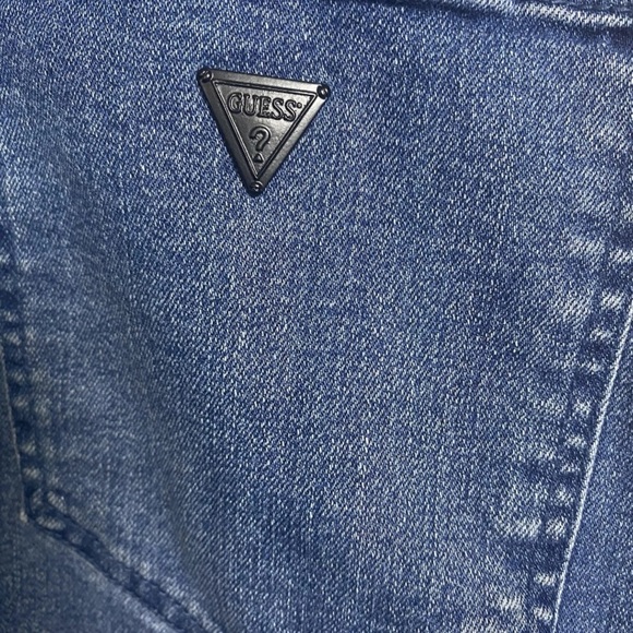 GUESS Women Denim Jean Bib Overalls Mini Dress Logo Straps Distressed Hem Size L - Picture 5 of 10